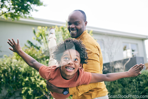 Image of Airplane, garden or child playing with father to relax or bond as a black family with love or care, Smile, flying or excited African dad with a kid to enjoy fun games on holiday toogether in backyard