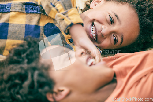 Image of Happy, boy kids and laugh for tickles, playing games and joke together with crazy energy. Face, smile and excited young brothers in freedom, funny and comedy of silly siblings, children and good mood