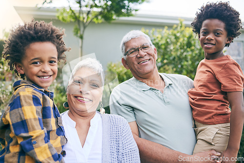 Image of Portrait, love and children with grandparents in a backyard for bond, care and fun together outdoor. Happy family, face and kids with grandmother, grandpa and sibling in a garden for playful visit