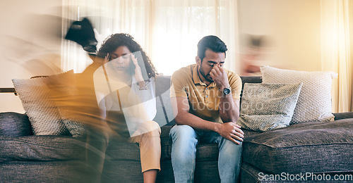 Image of Tired parents, children and running on sofa in stress, headache or depression in chaos at home. Frustrated mother and father in burnout, anxiety or difficulty with ADHD kids in living room at house