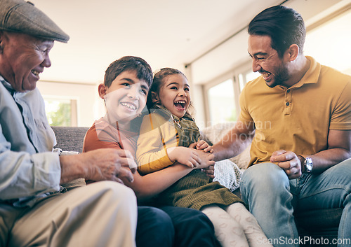 Image of Children, father and grandfather playing and laughing on a home sofa with happiness, tickle and fun. Funny kids and men relax together as a family with love, care and joy on a living room couch