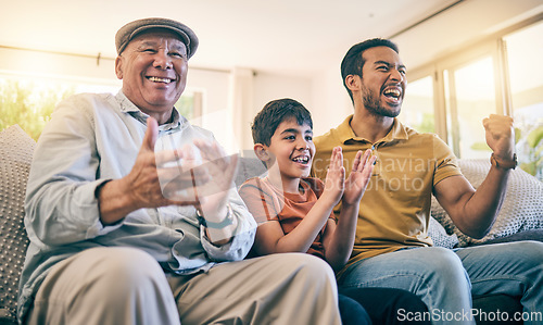 Image of Father, grandfather and child watching tv and celebrate on home sofa for broadcast, live goal and support. Boy kid, senior man and parent together as male family team and clap as excited esports fan