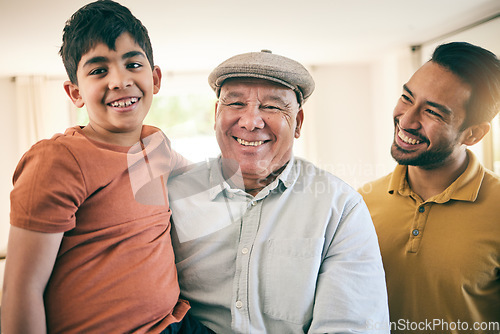 Image of Portrait of child, father and grandfather at home with happiness, proud smile and fun. Boy kid, senior man and parent relax together as male family with love, care and joy in a living room for visit