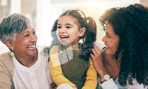 Image of Child, mother and grandma laughing in a family home with happiness, love and support. Girl kid, mature woman and parent relax together for adoption of daughter with joy in living room for visit