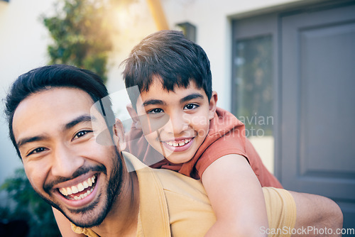 Image of Face, smile and father piggyback child by home, bonding and excited together. Portrait, kid and dad carrying boy, funny laugh and happy with care, play and support for healthy connection of family