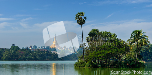 Image of View of Shwedagon Pagoda over Kandawgyi Lake