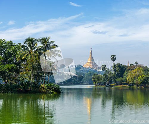 Image of View of Shwedagon Pagoda over Kandawgyi Lake
