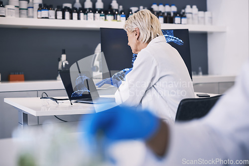 Image of Scientist, computer screen and DNA research, genetics analysis and study in medical laboratory. Doctor or woman on laptop for virus, vaccine and genes results, solution and science for healthcare