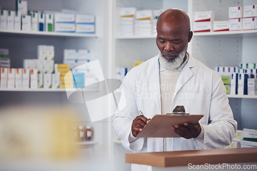 Image of Pharmacy, pharmacist and clipboard, medicine checklist and pharmaceutical supply chain for healthcare and product inventory. Medical worker, senior black man and stock check for database and supplier