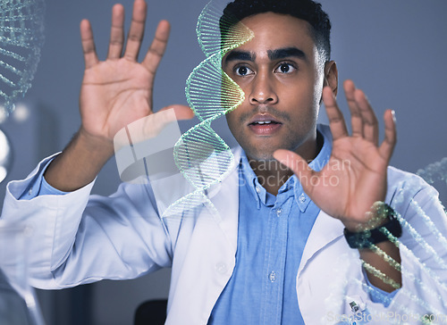 Image of Scientist man, dna hologram and lab analysis with thinking, study and data for health, medical research or ideas. Biology, laboratory and 3D holographic overlay for science, info or vision for sample