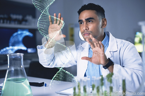 Image of Scientist man, dna hologram and laboratory with thinking, plant study and data for health, medical research or ideas. Biochemistry lab, 3D holographic overlay or leaves for science, info or analysis