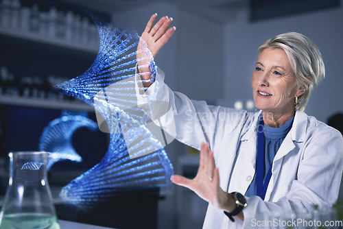 Image of Woman, dna hologram and lab analysis, study or innovation with futuristic medical research with ux. Senior scientist, laboratory and 3D holographic overlay for digital transformation, hands or vision