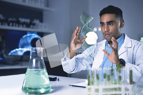 Image of Man, dna hologram and biochemistry lab with thinking, plant study and data for health, medical research or ideas. Scientist, 3D holographic overlay or leaves for science, info or laboratory analysis