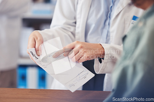 Image of Customer help, paper and hands of pharmacist explain description, receipt information or healthcare advice. Store clinic client, hospital communication or closeup medical expert point at prescription