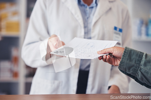 Image of Pharmacy, hands of pharmacist and customer with paper for prescription, medical notes and healthcare. Pharmaceutical, professional person and patient with script for antibiotics and medicine