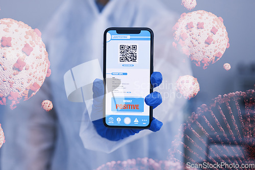 Image of Hand, phone screen and qr code for positive covid test, gloves for safety, health or dna hologram. Scientist, virus particle and smartphone for 3D holographic overlay for results, app or ppe for scan