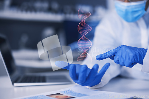 Image of Hands, scientist and dna hologram in lab analysis, studying and gloves for safety, health and medical research. Virus biology, laboratory and 3D holographic overlay with check, covid and ppe at desk