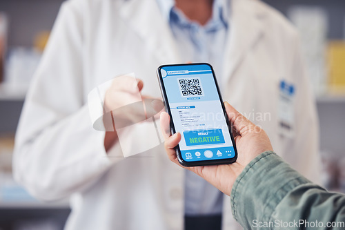 Image of Phone screen, doctor hands and QR code, test results or drugs, virus and mobile app for medical services. Healthcare pharmacist and patient for online certificate, monkeypox info or negative feedback