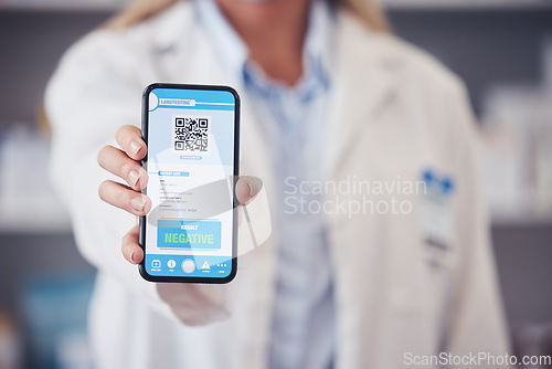 Image of Qr code, hand and phone screen for health results with an app for monkeypox safety. Healthcare, digital and a doctor with a mobile for a barcode for healthcare progress or to show information