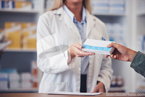 Image of Pharmacist, hands of woman and pills with customer for healthcare, mental health and wellness in pharmacy. Pharmaceutical, professional and person for medical product, prescription and antibiotics