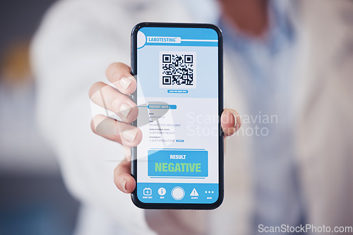 Image of Closeup, hand and phone screen for health results with a barcode for monkeypox safety. Healthcare, digital and a doctor with a mobile for a qr code for healthcare progress or show information