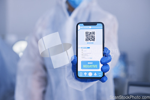Image of Phone screen, science hands and QR code, test results for drugs, virus and bacteria on medical mobile app in laboratory. Healthcare, scientist and online report, monkeypox info and negative feedback