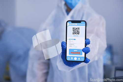 Image of Phone screen, scientist hands and QR code, test results for drugs, virus and bacteria on medical mobile app in laboratory. Healthcare, science and online report, monkeypox info and positive feedback