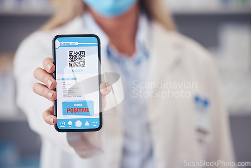 Image of Hand, medical and qr code on a phone screen for positive diagnosis of the monkeypox virus. Healthcare, app and test results on a mobile display in a clinic or pharmacy for feedback on a disease