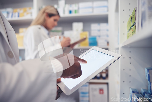 Image of Tablet screen, person and pharmacist hands typing, scroll or search clinic database for product, pills or medicine. Pharmacy inventory, online research and closeup doctor doing supplements stock take