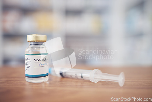 Image of Background of monkeypox vaccine, bottle and injection for protection, safety and healthcare risk in clinic. Closeup, medicine vial and needle for immunity, medical antivirus and pharmaceutical drugs