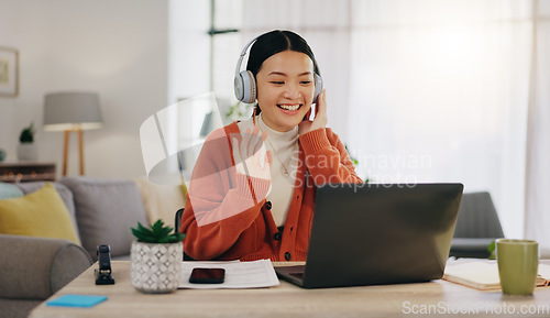 Image of Woman on video call with work from home laptop, headphones and virtual international online meeting. Hello, wave and asian person in China in webinar for remote working or global update in computer