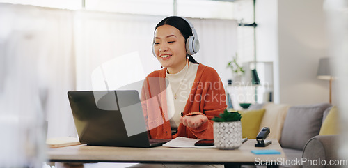 Image of Woman on video call with work from home laptop, headphones and virtual international online meeting. Hello, wave and asian person in China in webinar for remote working or global update in computer