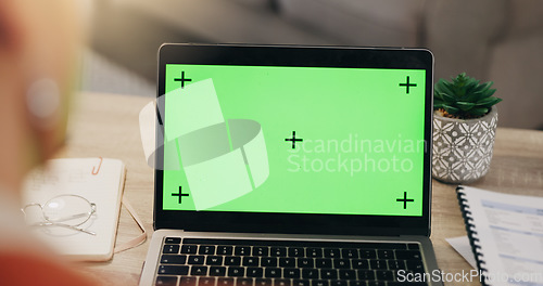 Image of Laptop, green screen and chromakey with woman in work from home application, website or online software mockup. Computer mock up of person planning, internet or Web 3.0 space for product placement