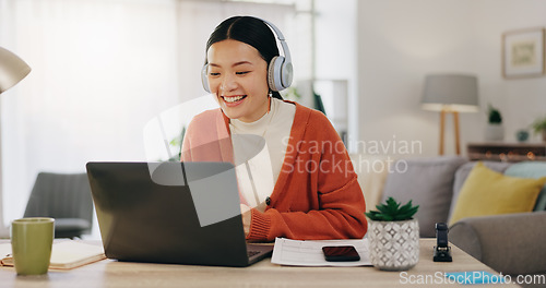 Image of Woman on video call with work from home laptop, headphones and virtual international online meeting. Hello, wave and asian person in China in webinar for remote working or global update in computer