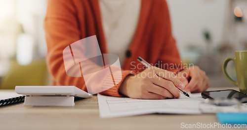 Image of Remote work, Accountant and businesswoman working from home calculating financial budget. Freelance, worker and professional employee review report and planning company investment and writing