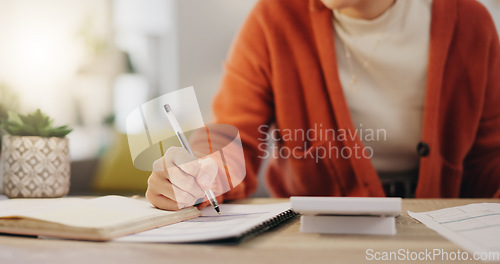 Image of Accountant, hands and businesswoman calculating investment or working on financial budget. Freelance, calculator and professional employee review finance report and planning company tax audit