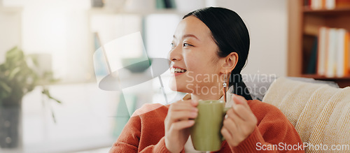 Image of Thinking, coffee and Asian woman on couch, relax and decision with inspiration, decision and calm in living room. Japan, female and lady with tea, motivation and ideas in lounge, peace and gratitude