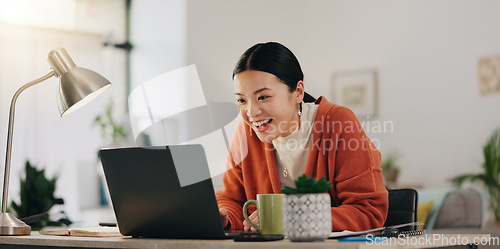 Image of Asian woman, laptop and celebration fist for company success, creativity goals and happiness in office. Digital marketing achievement, happy or excited employee celebrate for corporate target winner.