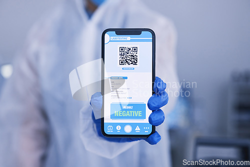 Image of Hand, phone screen or qr code for monkeypox test results in science laboratory or healthcare hospital. Closeup, person or scientist and digital technology, virus or negative medical research feedback