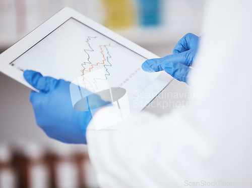 Image of Hands, research and doctor with a tablet, charts and medical with feedback, results and data analysis. Person, closeup and healthcare professional with technology, blue gloves and graphs for a test