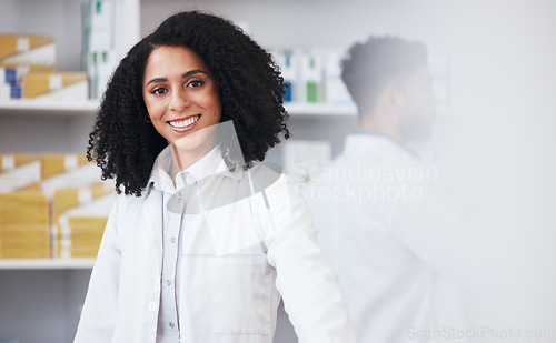 Image of Pharmacy, dispensary and portrait of woman for medical service, medicine and wellness. Healthcare, pharmaceutical and happy pharmacist in drug store for medication, consulting and health career