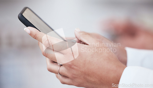 Image of Doctor hands, phone and typing for healthcare communication, networking and social media FAQ. Medical worker, person or pharmacist on mobile for telehealth, chat and contact us or internet search