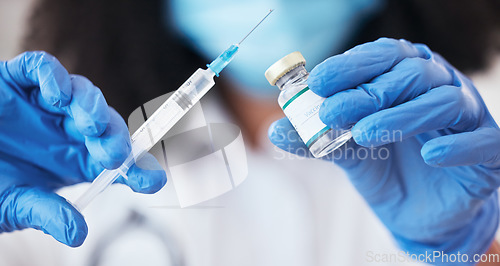 Image of Healthcare, hands and woman doctor with vaccine, vial and disease treatment or prevention at a hospital. Medicine, zoom and female nurse with medical solution for sickness, help and virus control