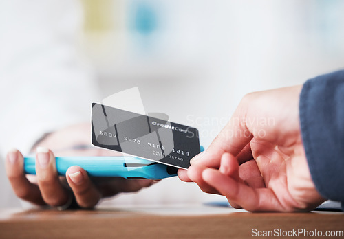 Image of Credit card, hand and payment closeup in a store with cashier, machine and customer in a pharmacy. Shop, commerce and electronic sale with pay at POS with finance transaction and purchase at checkout