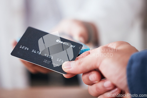 Image of Credit card, hand and payment in a store with cashier, machine and customer in a pharmacy. Shop, commerce and electronic sale with pay at POS with finance transaction and purchase at checkout point