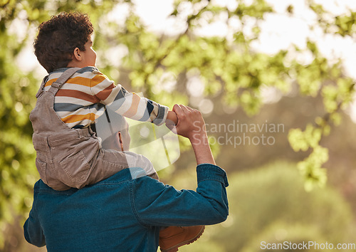 Image of Piggyback, love and father with child in park for support, playful and games. Relax, freedom and adventure with man carrying baby in nature for family, summer and vacation together with mockup space