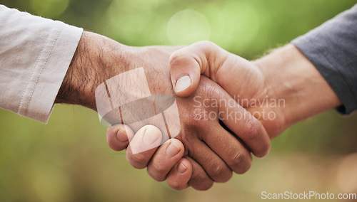 Image of Support, hello and handshake with people in nature for motivation, thank you and meeting. Teamwork, trust and collaboration with closeup of friends shaking hands in park for partnership and welcome