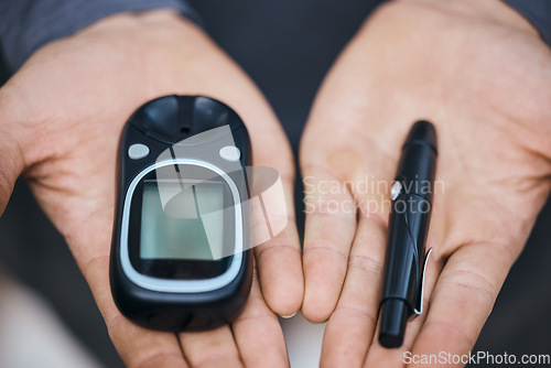 Image of Glucose, glucometer and hands with needle for diabetes and blood sugar test, check and monitor. Healthcare, wellness and closeup of person with medical device for treatment, medicine and inspection