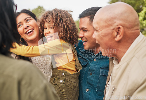 Image of Happy family, grandparents and parents playing with kid in a park together and for vacation or outdoor holiday. Smile, happiness and mother bonding with child and father in nature for summer travel