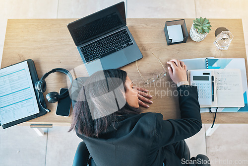 Image of Desk, sleeping and woman above in a finance office with rest and nap from work burnout. Accountant, deadline and tired female professional with administration project for tax paperwork at a company